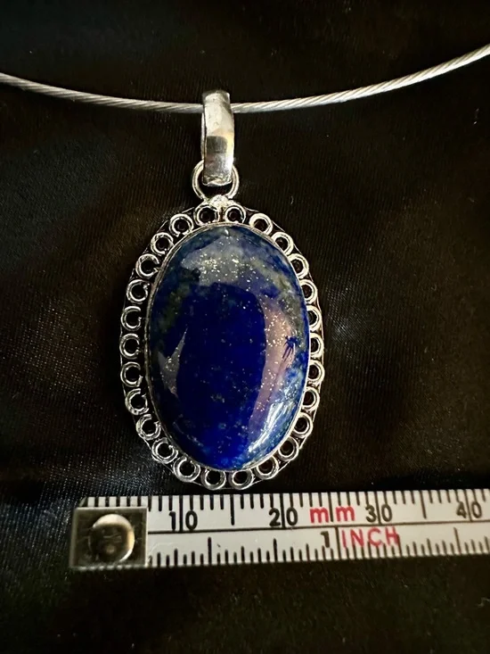 Lapis Lazuli Silver Plated Oval Pendant Choker Necklace - Picture 7 of 9